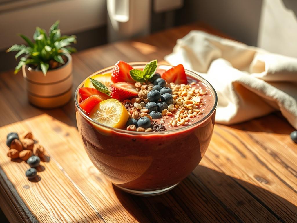 A realistic high-resolution photo of a vibrant smoothie bowl, artistically topped with fresh fruits, nuts, and seeds. The bowl should be centered on a rustic wooden table, with natural sunlight gently illuminating it. The background should feature soft, cozy decor elements like a small potted plant and a light-colored cloth napkin, creating a serene and inviting atmosphere.