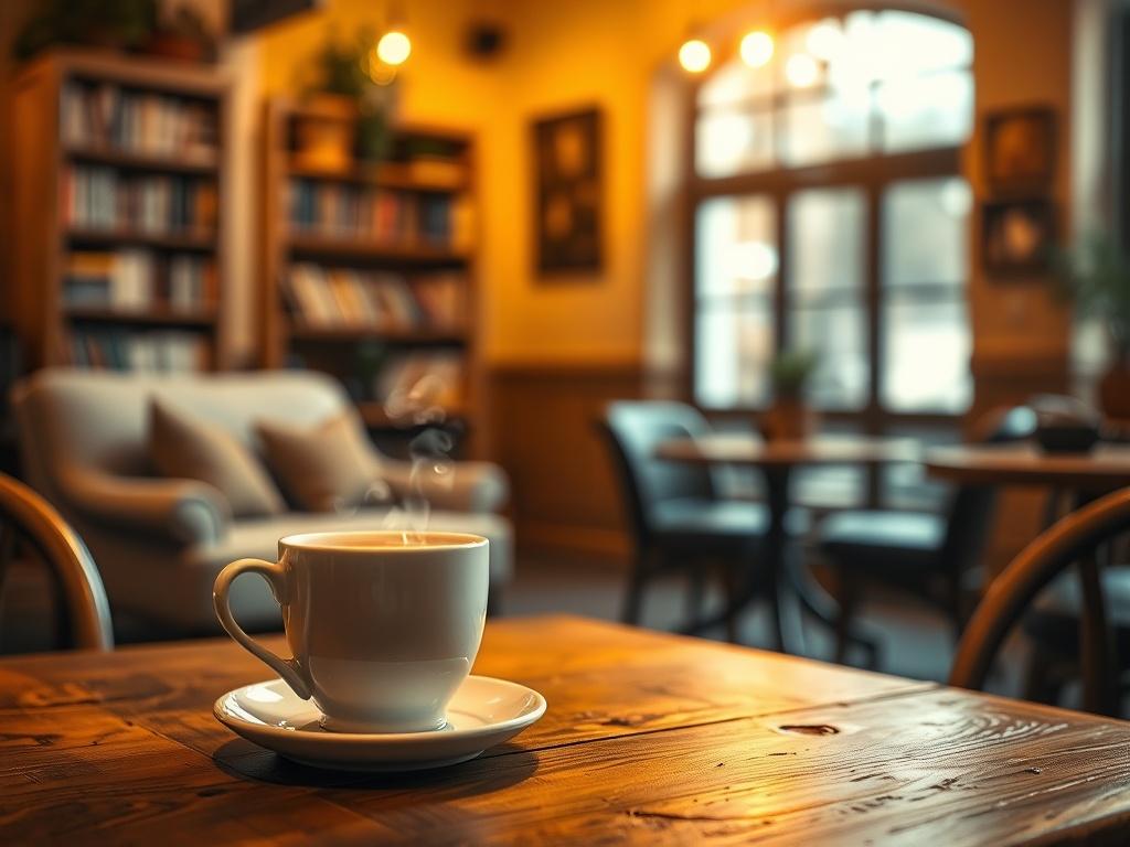 A cozy cafe interior with warm golden hues and soft lighting. The focus is on a single, inviting coffee cup with steam rising, placed on a rustic wooden table. In the background, there are soft blurred images of comfortable seating and a small bookshelf filled with books, creating a serene atmosphere.
