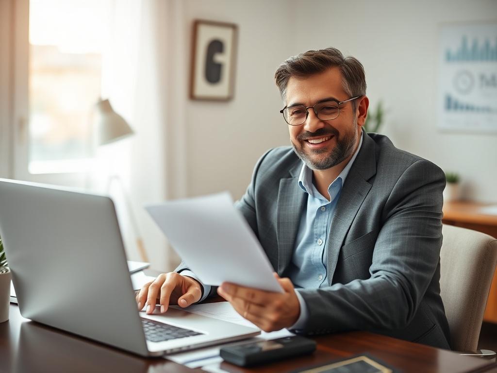 A close-up shot of a confident financial advisor sitting at a desk with a laptop open, surrounded by loan documents and charts. The advisor is engaged in a discussion, showcasing a warm and approachable demeanor. The background is softly blurred, emphasizing the subject. The lighting is bright and inviting, highlighting the professionalism of the setting. The color theme incorporates the primary color rgb(2, 86, 197) subtly in the decor.