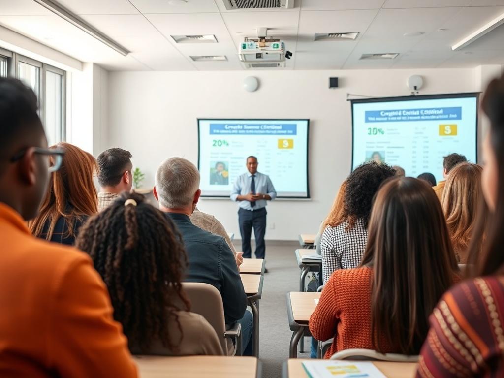 A diverse group of individuals attentively participating in a credit education workshop. The setting is a bright, modern classroom with a projector screen displaying credit score information. A knowledgeable instructor stands at the front, engaging the audience with interactive content. The image captures the focus and enthusiasm of the participants, emphasizing the importance of learning about credit. The photo is taken with a 45mm f/1.2 lens to highlight the instructor and create a vibrant atmosphere.