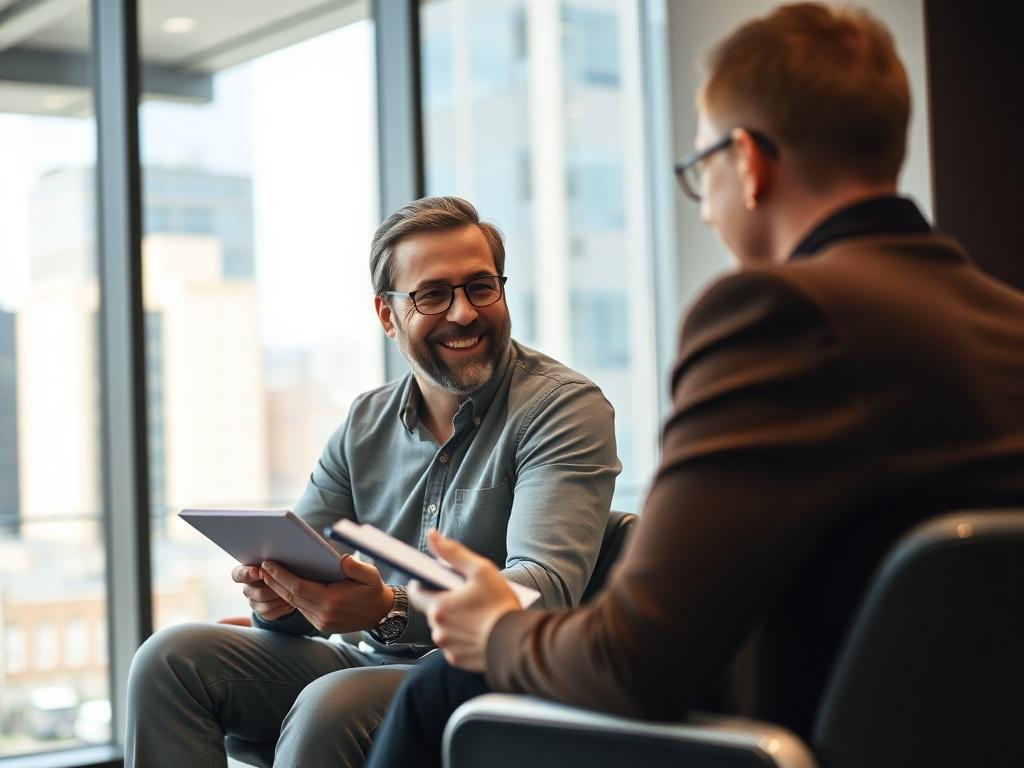 A friendly financial coach sitting across from a client in a modern office setting, engaged in a focused discussion. The background features a large window with natural light, showing a cityscape. The coach is holding a notepad and pen, while the client appears attentive and engaged. The atmosphere is warm and inviting, emphasizing trust and collaboration. The image is shot with a 45mm f/1.2 lens to create a soft bokeh effect.