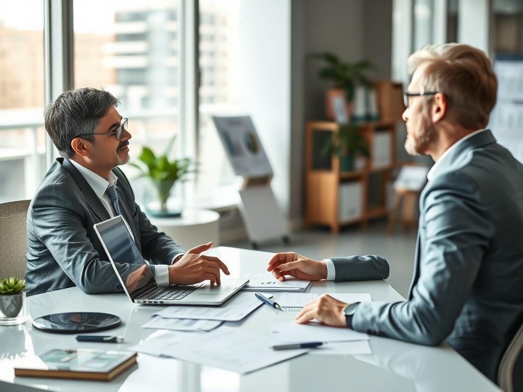 A financial advisor seated at a modern desk, discussing financial plans with a client across from them. The office space is bright and professional, filled with financial documents and charts. The advisor is gesturing towards a laptop screen displaying graphs, while the client appears engaged and curious. The image is captured with a 45mm f/1.2 lens, emphasizing the collaborative atmosphere and the advisor's expertise.