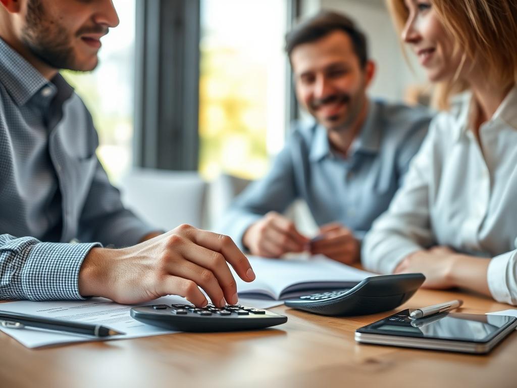 A close-up shot of a loan consultant discussing options with a client, featuring loan documents and a calculator on the table. The environment is professional yet inviting, with natural light illuminating the space, emphasizing the importance of informed financial decisions.