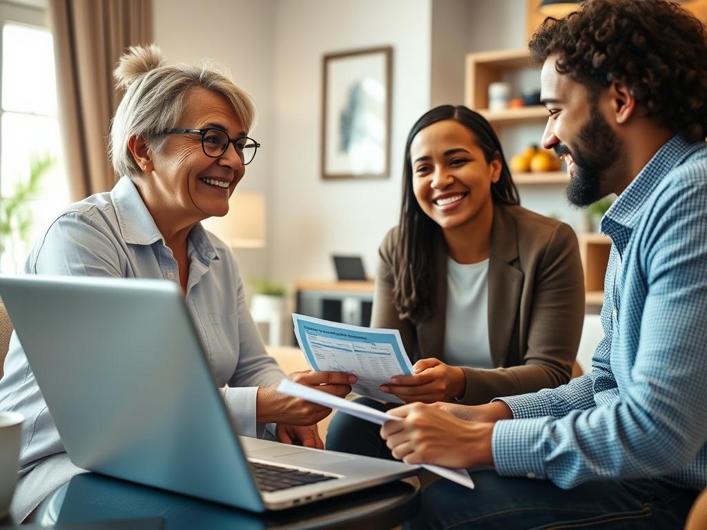 A close-up shot of a friendly credit coach interacting with a client, surrounded by financial documents and a laptop displaying credit management tools. The scene is set in a cozy office environment, with bright lighting and a welcoming atmosphere, highlighting the supportive relationship and the importance of financial education.