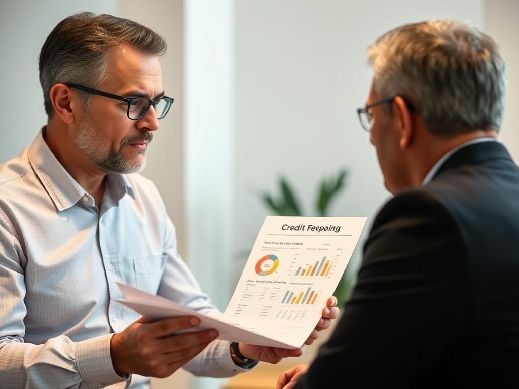 A close-up shot of a professional consultant discussing credit repair strategies with a client, showcasing documents and charts that highlight credit scores. The setting is a well-lit, modern office with a focus on the consultant's attentive expression and the client's engaged demeanor. The background is simple, emphasizing the subjects and creating a sense of trust and professionalism.
