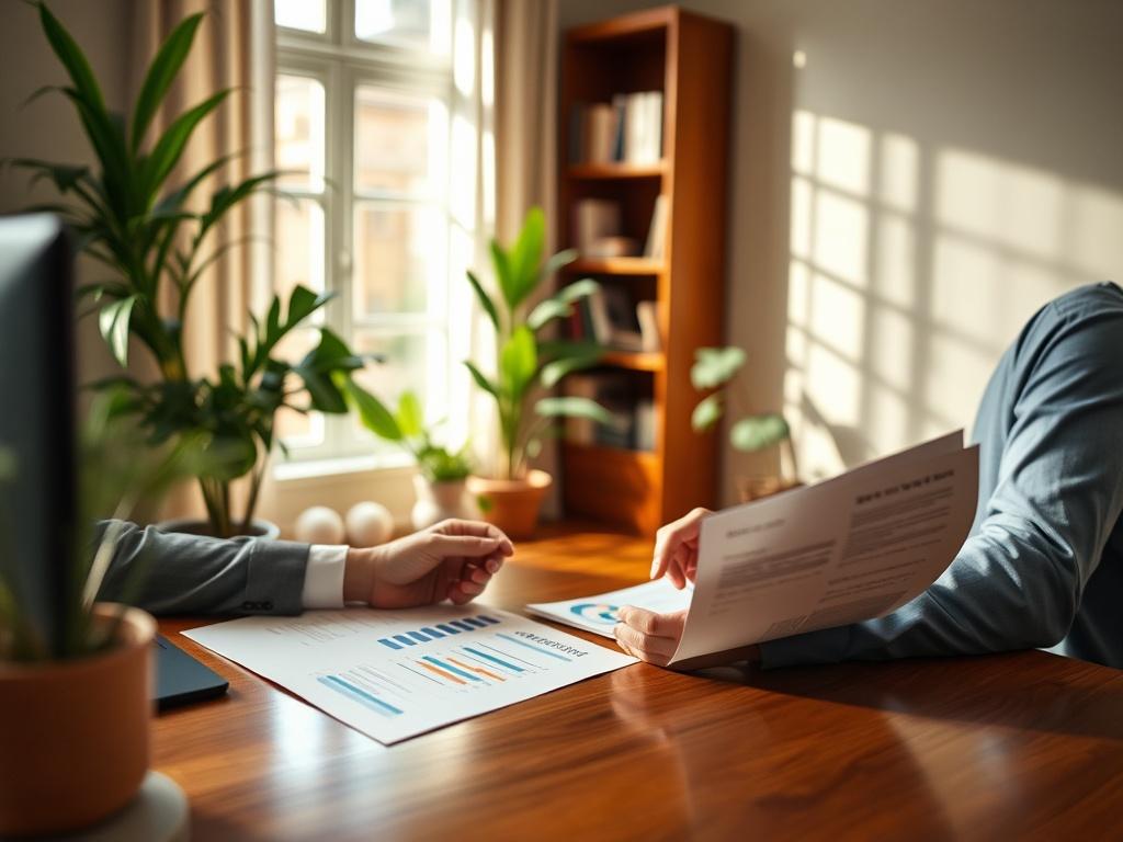 A close-up shot of a professional consultant reviewing a credit report with a client in a warm, inviting office setting. The consultant is focused and engaged, with charts and financial documents spread out on a polished wooden desk. Soft natural light filters through a window, creating a calm atmosphere. The background features plants and a bookshelf, emphasizing a professional yet comfortable environment. The overall color scheme complements the primary color rgb(2, 86, 197).