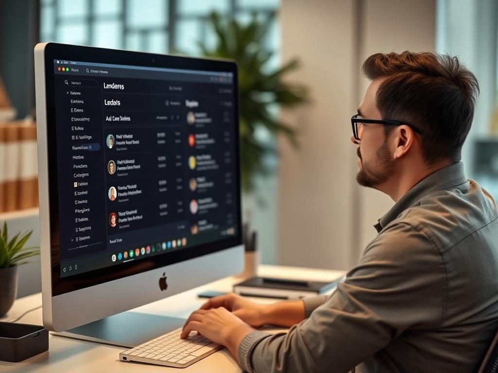 A hyper-realistic image of a person sitting at a computer, looking at various lender options on the screen, with a focused expression. The background should reflect a modern office environment with soft lighting, emphasizing the research and decision-making process.