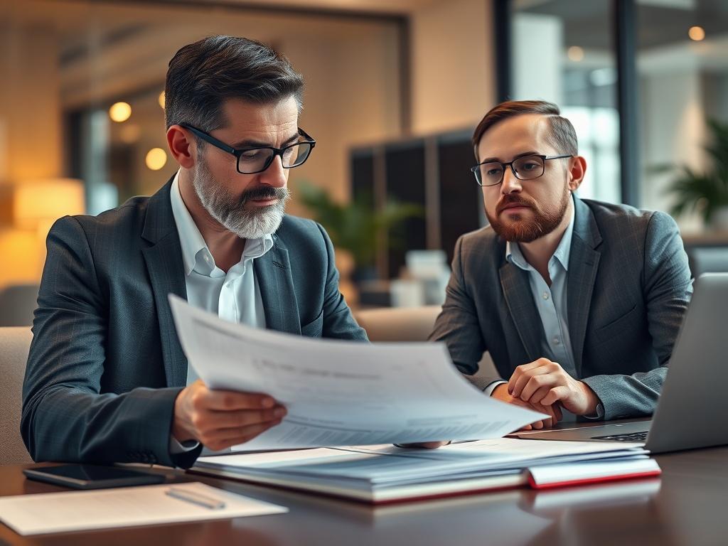 A close-up shot of a professional consultant and a client discussing financial documents at a desk, with a warm and inviting office background. The consultant is actively listening, showcasing engagement and professionalism, while the client appears interested and thoughtful.