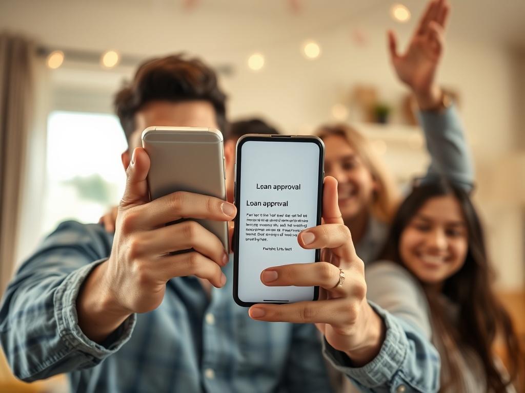 A hyper-realistic image of a person celebrating with a family or friends after receiving loan approval notification on their phone. The background should depict a joyful atmosphere, highlighting the excitement of achieving financial goals.