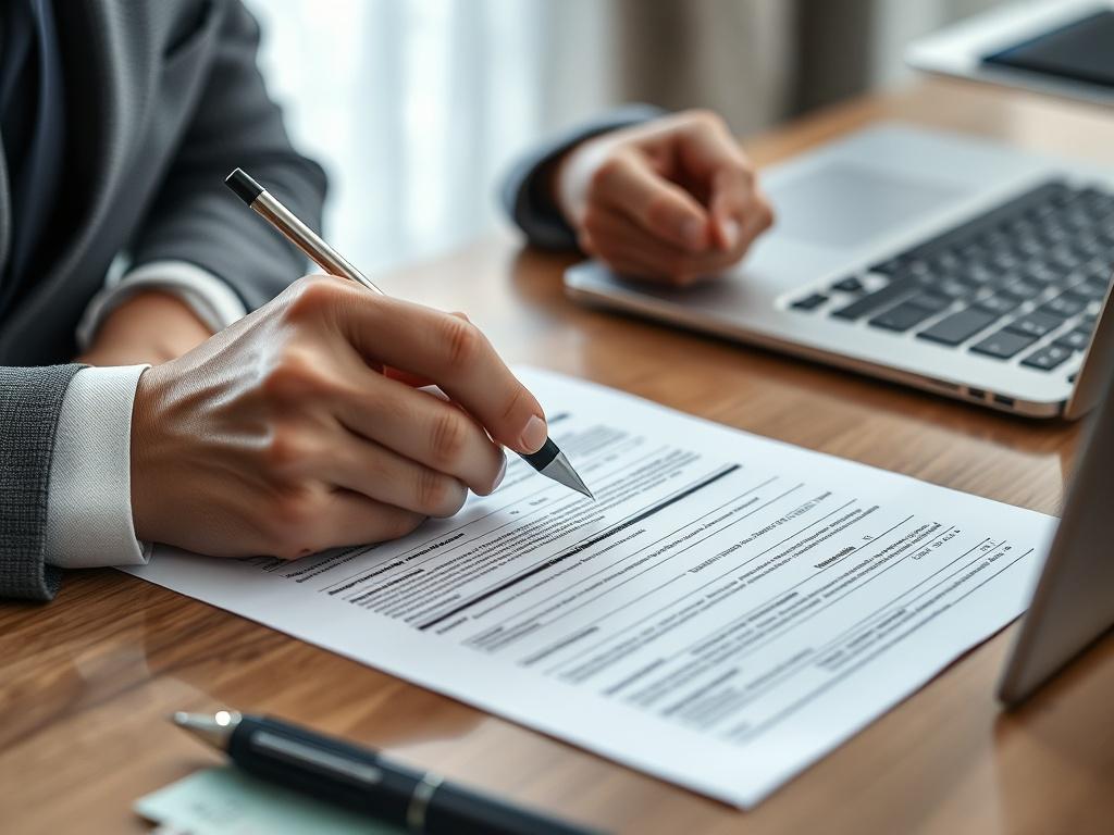 A close-up shot of a person filling out a loan application form at a desk, with a pen in hand and a laptop open beside them. The image should convey a sense of focus and determination, with a clean and organized workspace.
