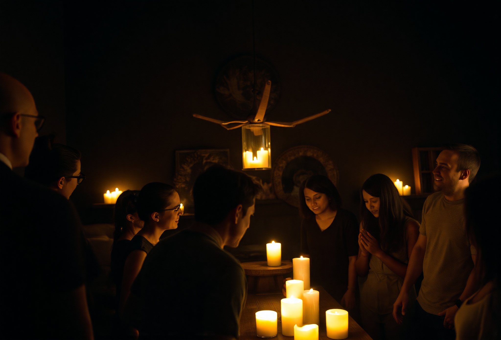 Community gathering in candlelit space