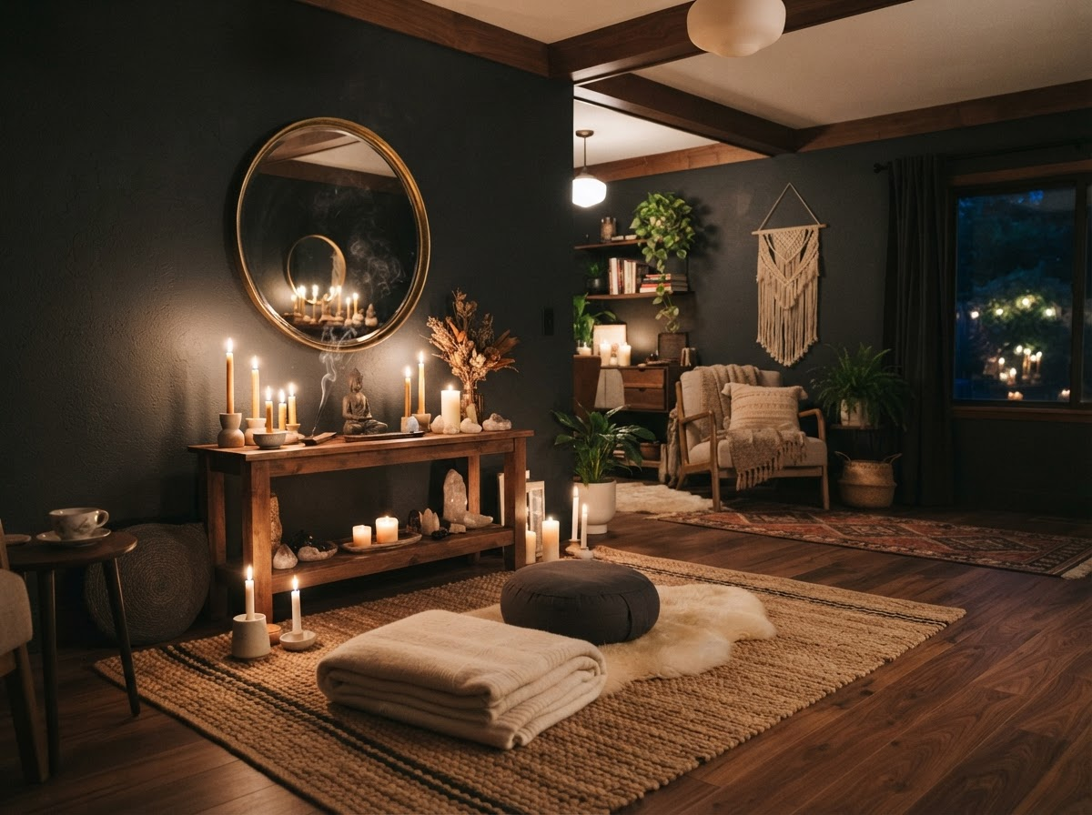 Evening meditation room with matte charcoal walls and warm textiles