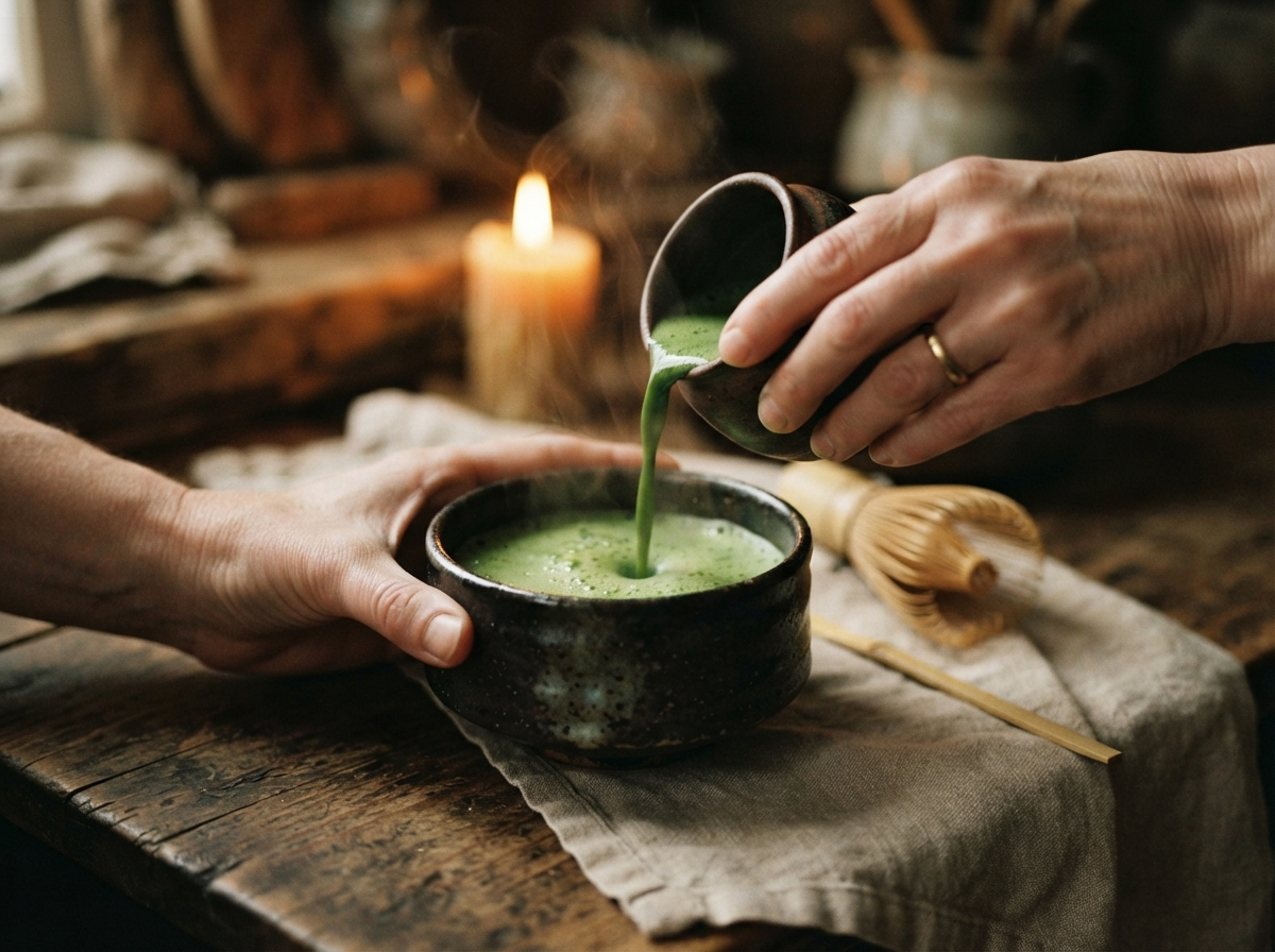 Hands pouring ceremonial matcha tea