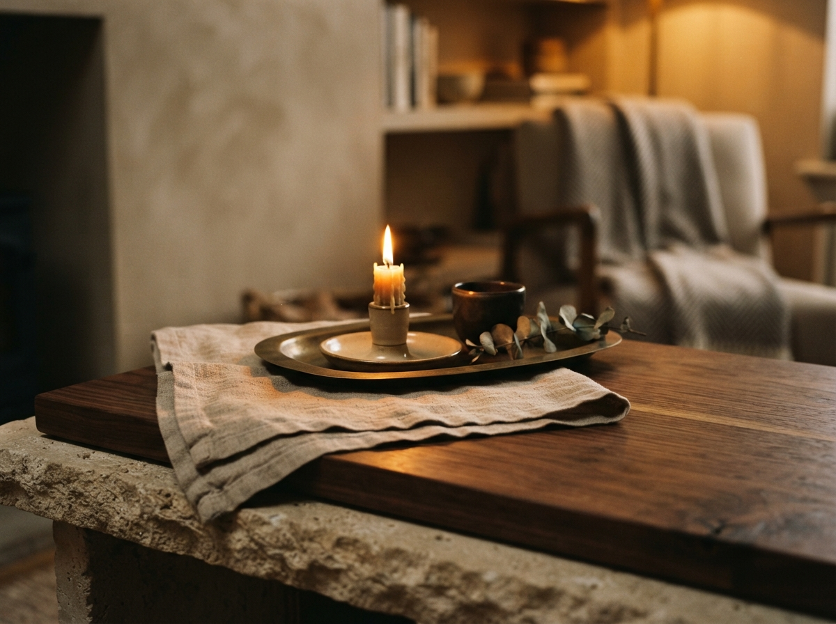 Close-up detail of natural materials including wood, linen, and brass