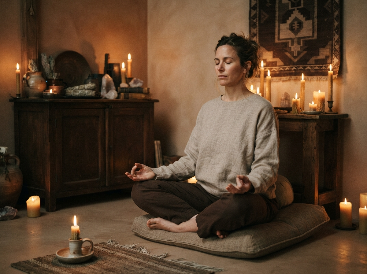 Person in meditation pose in candlelit ritual space