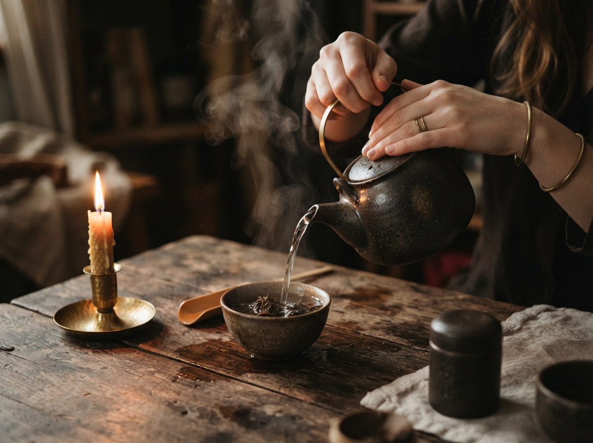 Tea ceremony ritual hands pouring water