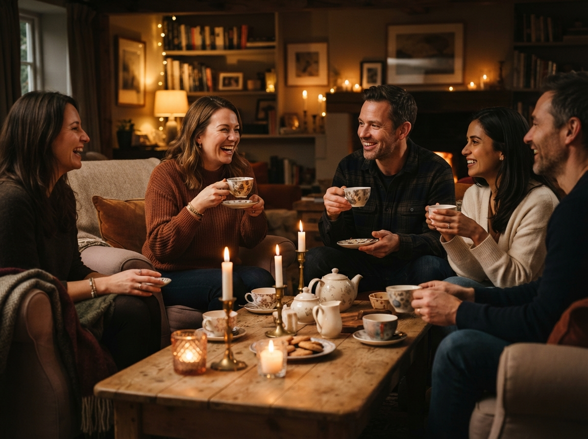 Intimate gathering with people sharing tea in warm candlelit space