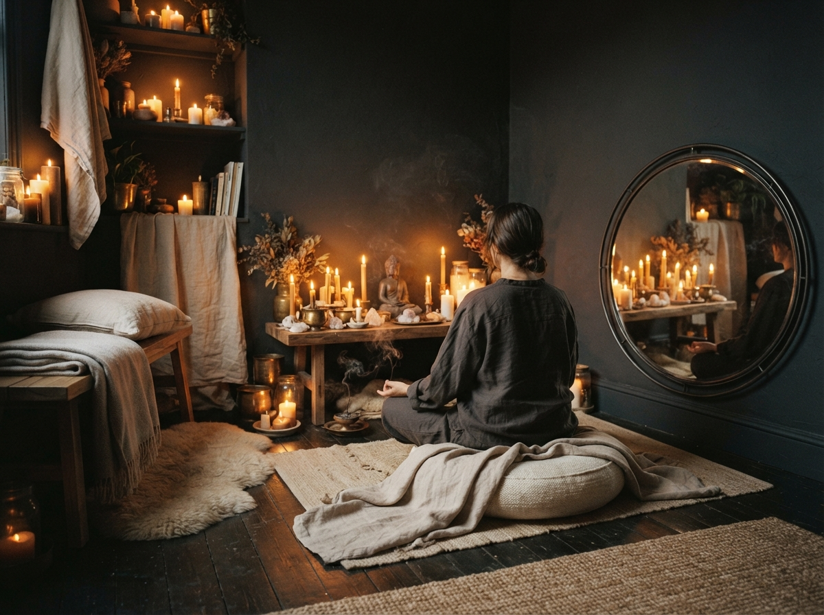 Serene candlelit meditation room