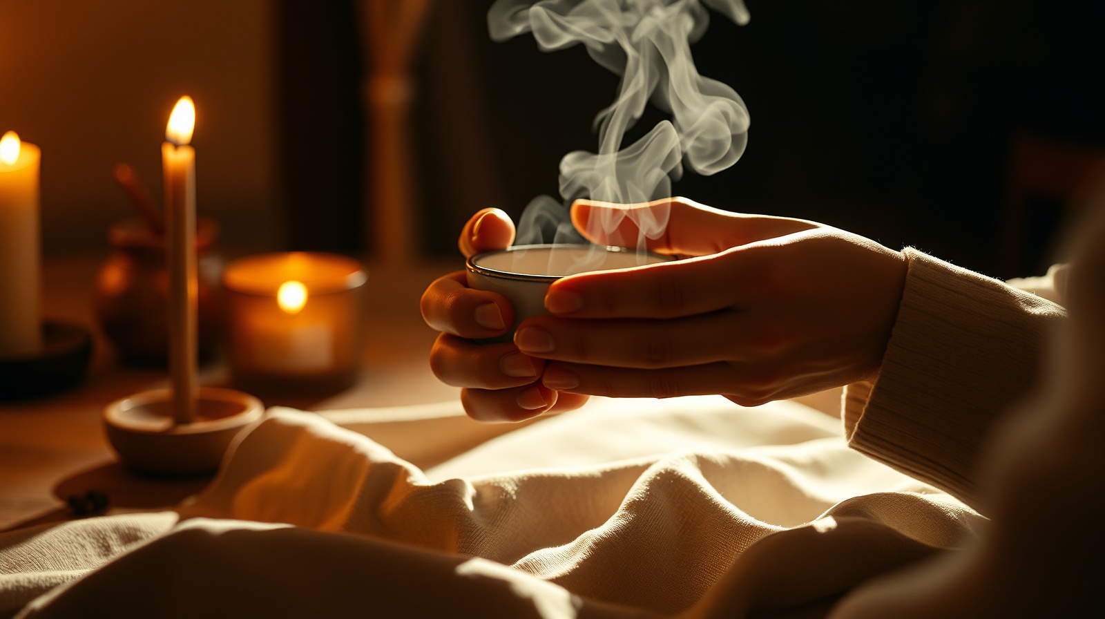 Hands holding warm cup with steam in candlelight