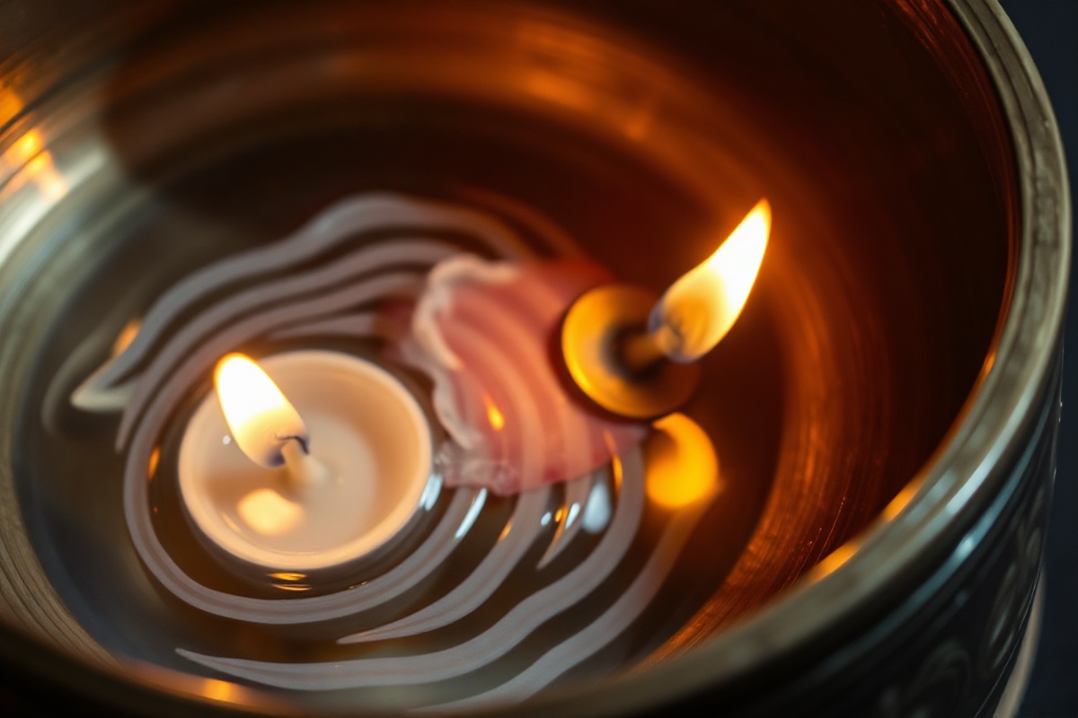 Singing bowl with candlelight reflection