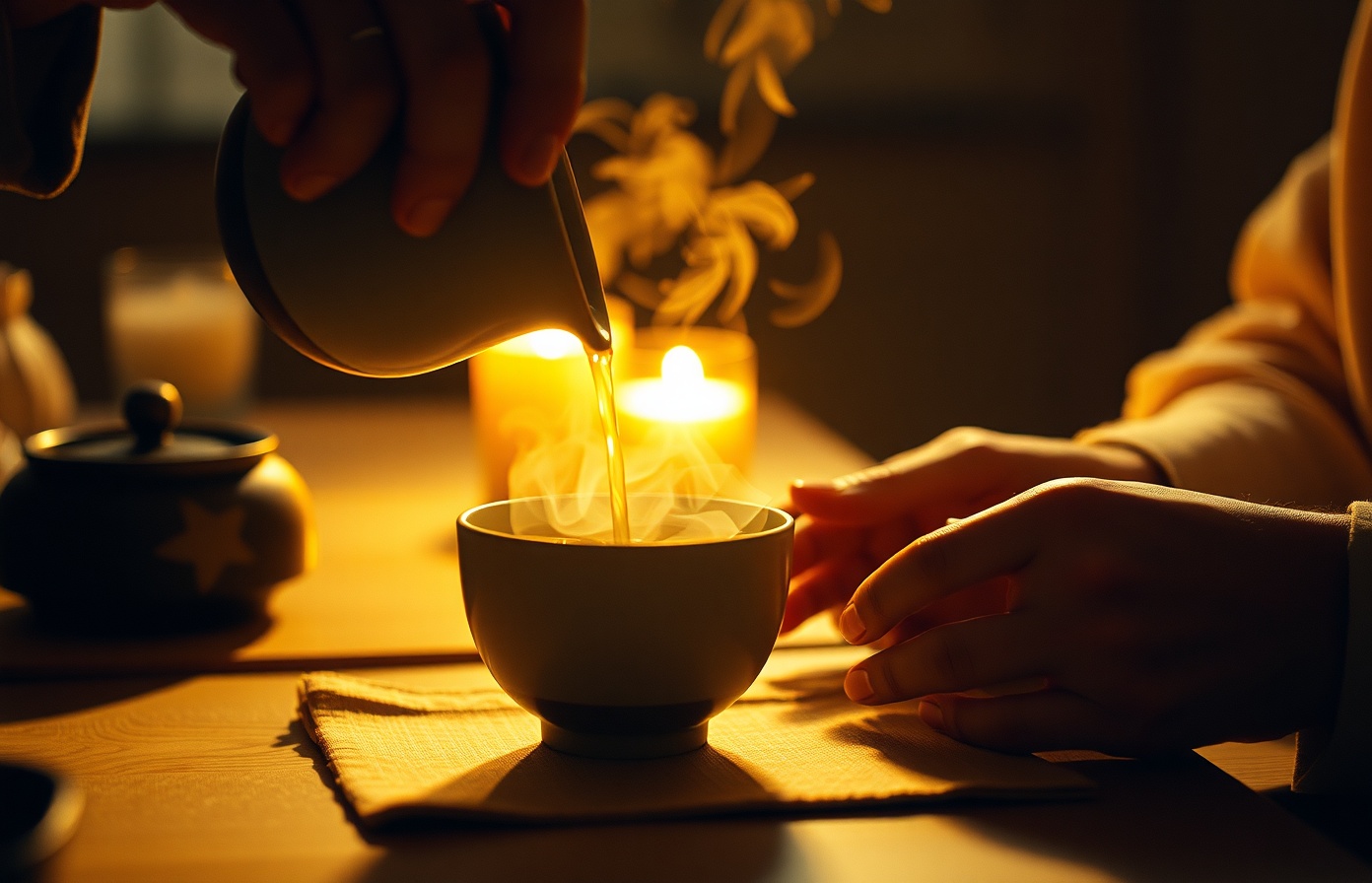 Tea pouring with warm amber lighting