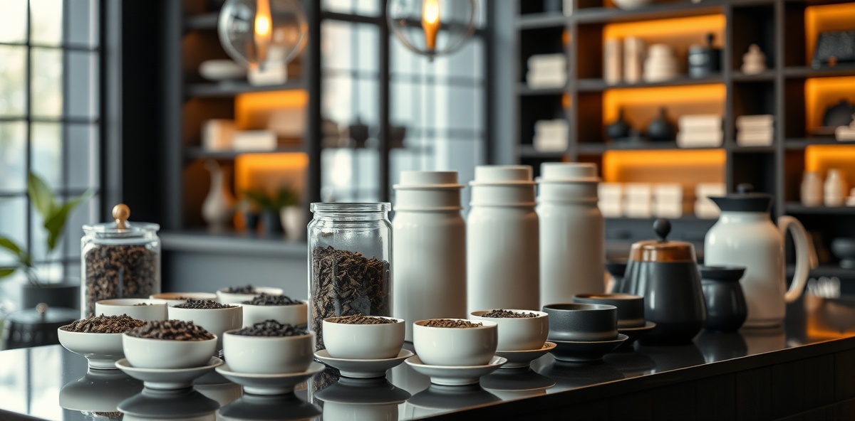 Premium loose-leaf tea display with ceramic jars and traditional tea service
