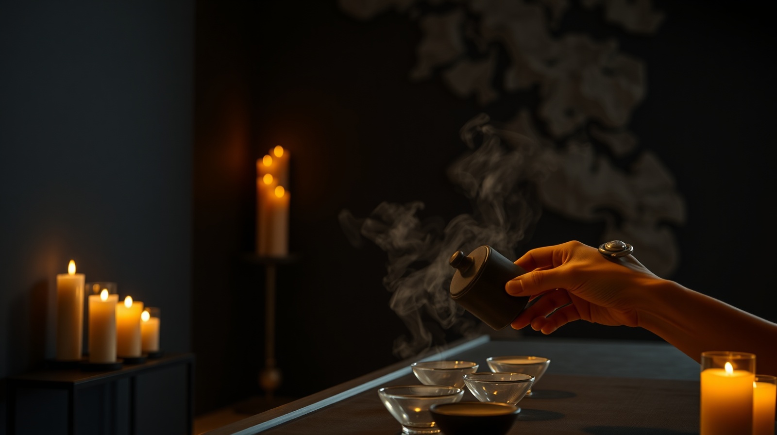 Amber candlelight, ceremonial tea ritual
