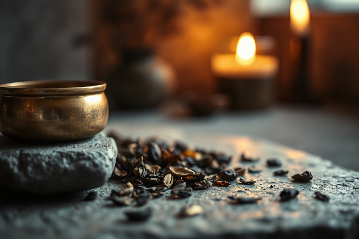 Ritual objects with candlelight and stone