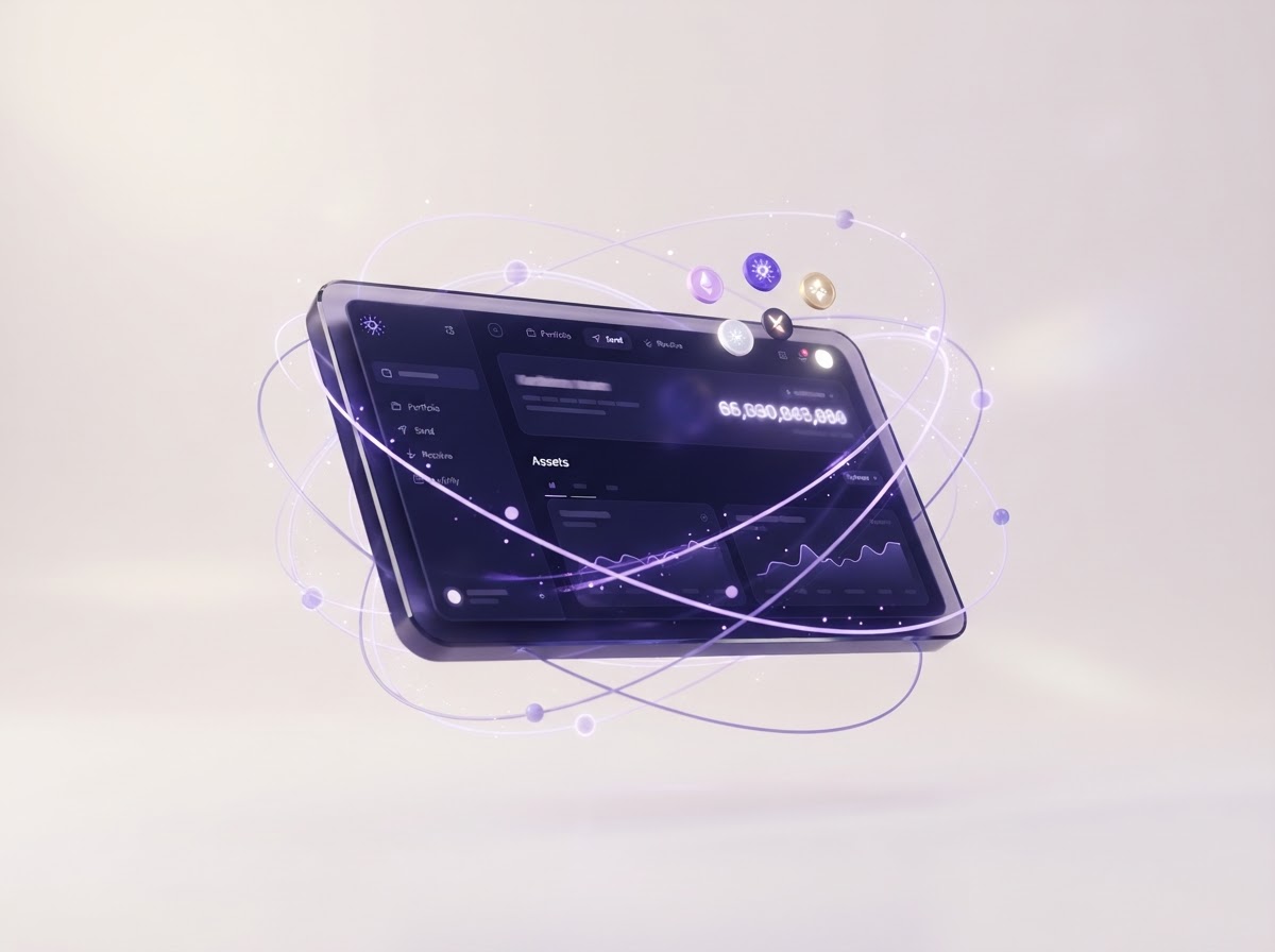 A stylized browser wallet panel surrounded by glowing Cardano-inspired network orbits