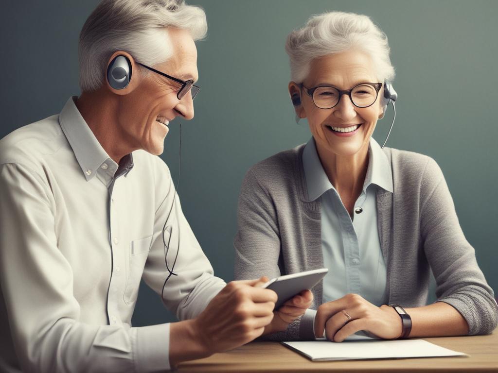 - Clear communication
- Hearing aids
- Seniors
- Human conversation
- Sound waves
- Connection
- Technology
- Peaceful environment
- Smiling faces
- Earbuds
- Listening
- Community
- Ambient noise
- Innovation
- Supportive interactions