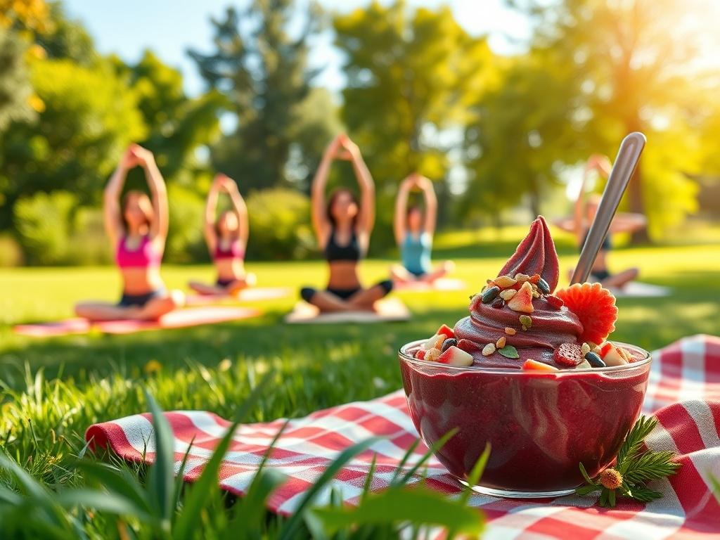 A serene outdoor setting featuring a group of people practicing Pilates and yoga on colorful mats. In the foreground, a beautifully presented Acai softserve bowl garnished with fresh fruits, nuts, and seeds sits on a picnic blanket. The background showcases lush greenery, a bright blue sky, and warm sunlight filtering through the trees, creating a peaceful and inviting atmosphere.