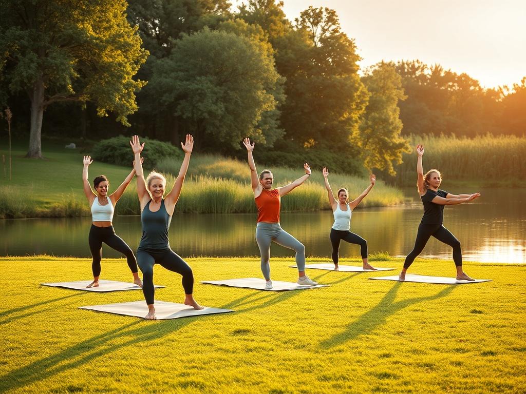 A serene outdoor setting with a group of people practicing
