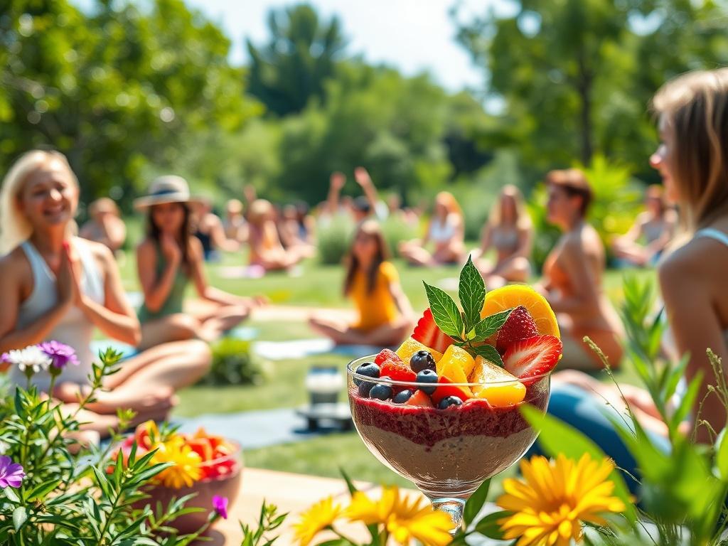 A vibrant and inviting scene showcasing a wellness event with people engaging in yoga and meditation outdoors. Bright, sunny day with a lush green background. Participants are enjoying colorful acai bowls filled with fresh fruits, surrounded by plants and flowers. The atmosphere is joyful and peaceful, capturing the essence of health and wellness.