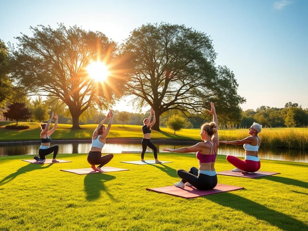 A serene outdoor setting featuring a group of people engaging