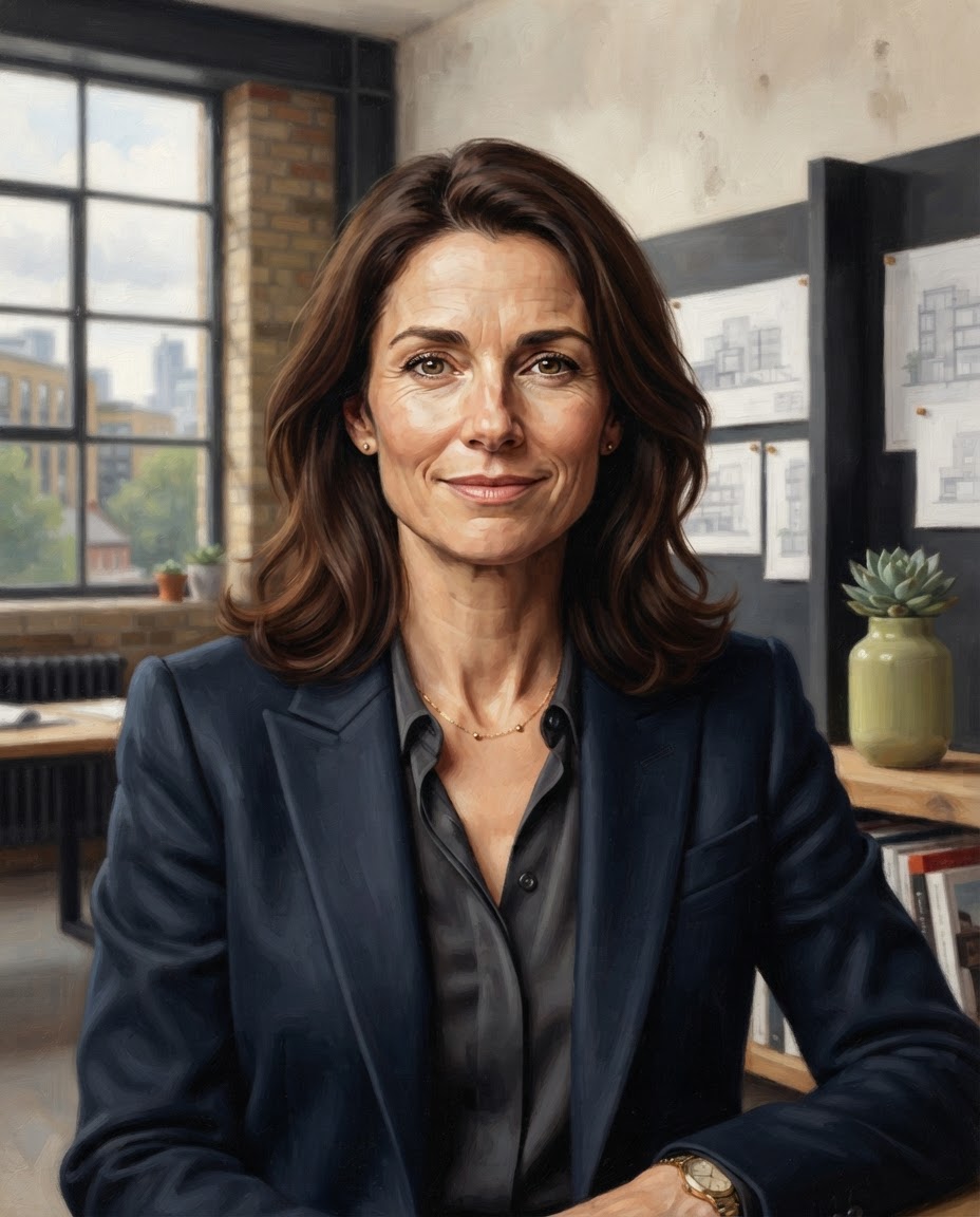Editorial portrait illustration of Amelia Hartwell, a woman with shoulder-length dark chestnut hair, in a calm London studio setting.