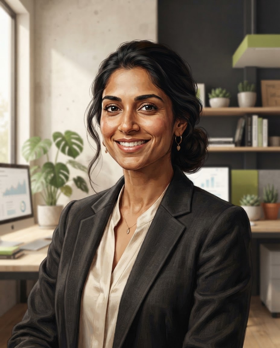 Editorial portrait illustration of Priya Nanduri, a South Asian woman with long dark hair tied back, in a collaborative studio.