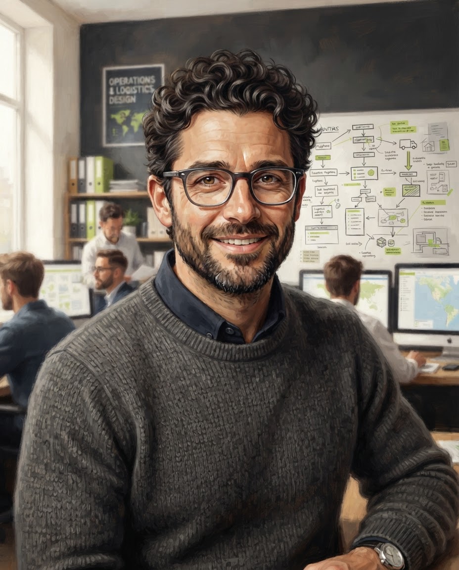 Editorial portrait illustration of Marcus Ellison, a man with dark curly hair and glasses, smiling in a working studio.