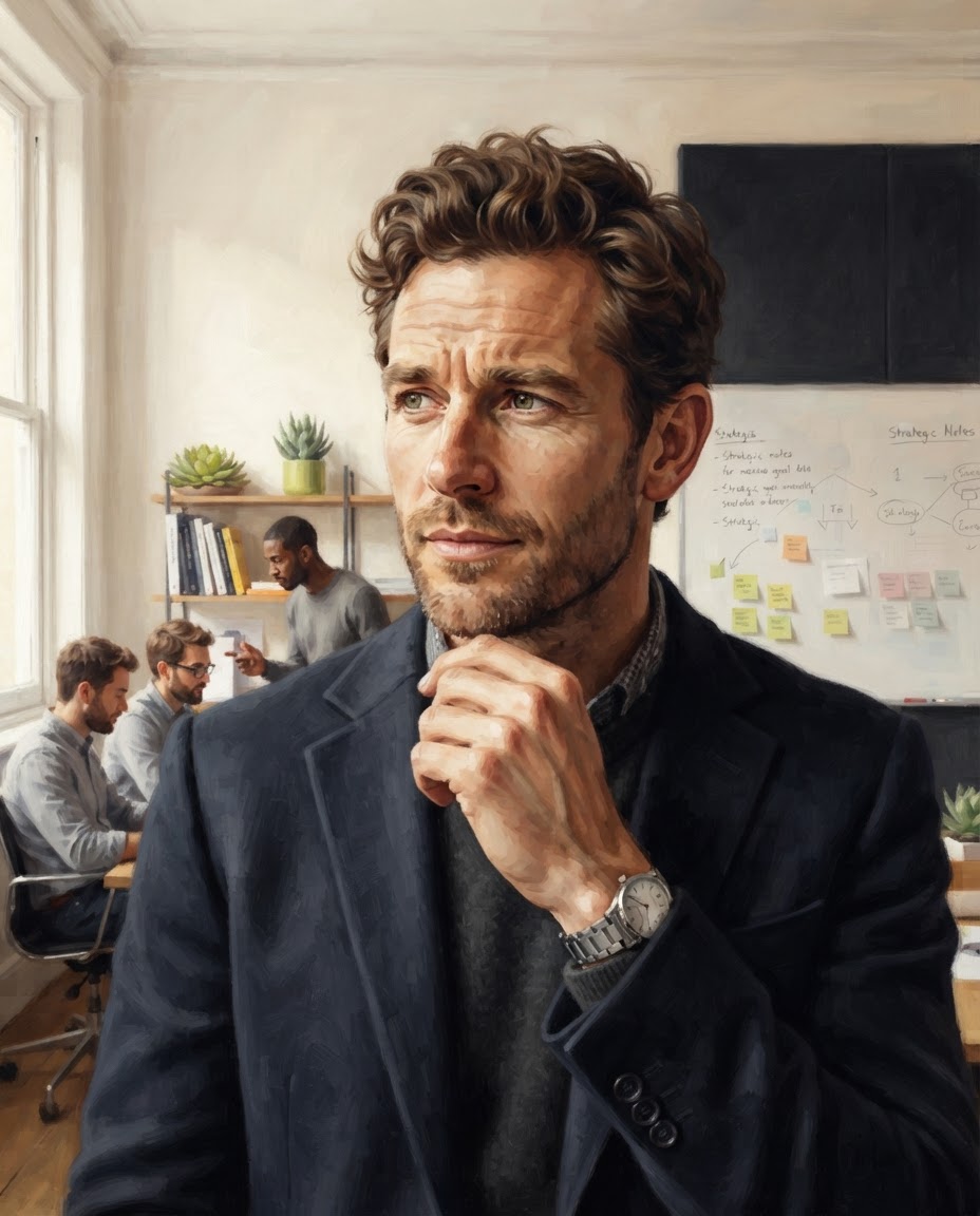 Editorial portrait illustration of Daniel Mercer, a man with short wavy brown hair and light stubble, in a modern working studio.