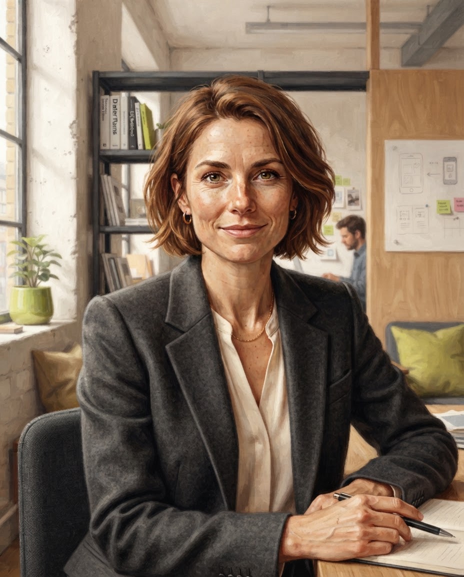 Editorial portrait illustration of Sofia Bennett, a woman with a short copper-brown bob and a direct, approachable gaze.
