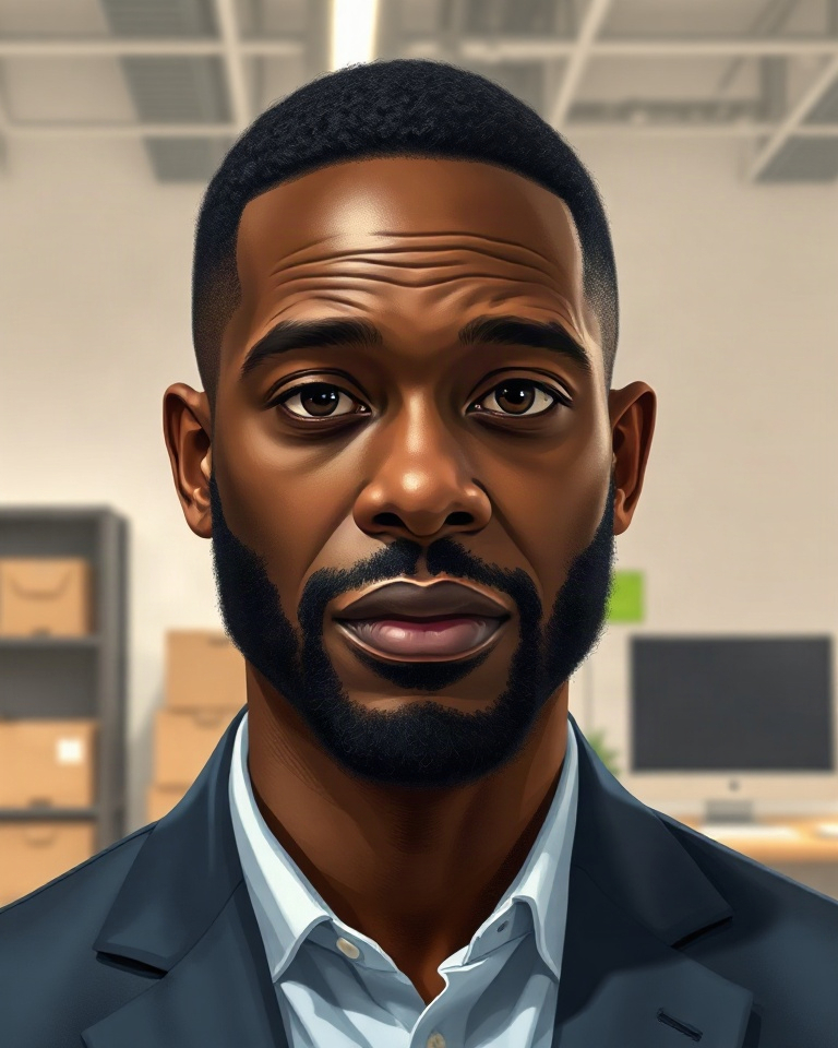 Editorial portrait illustration of Oliver Grant, a Black British man with closely cropped hair and a neat beard, in a studio.