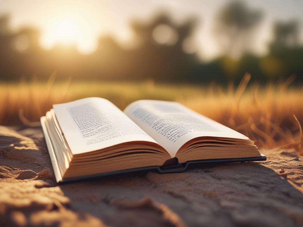 A close-up shot of a serene landscape with a soft, warm light illuminating a single open book with pages fluttering in the wind. The background shows a blurred image of a peaceful nature scene, emphasizing tranquility and reflection. The color palette should include warm tones, compatible with rgb(251, 209, 52). The image should convey a sense of hope and transformation.