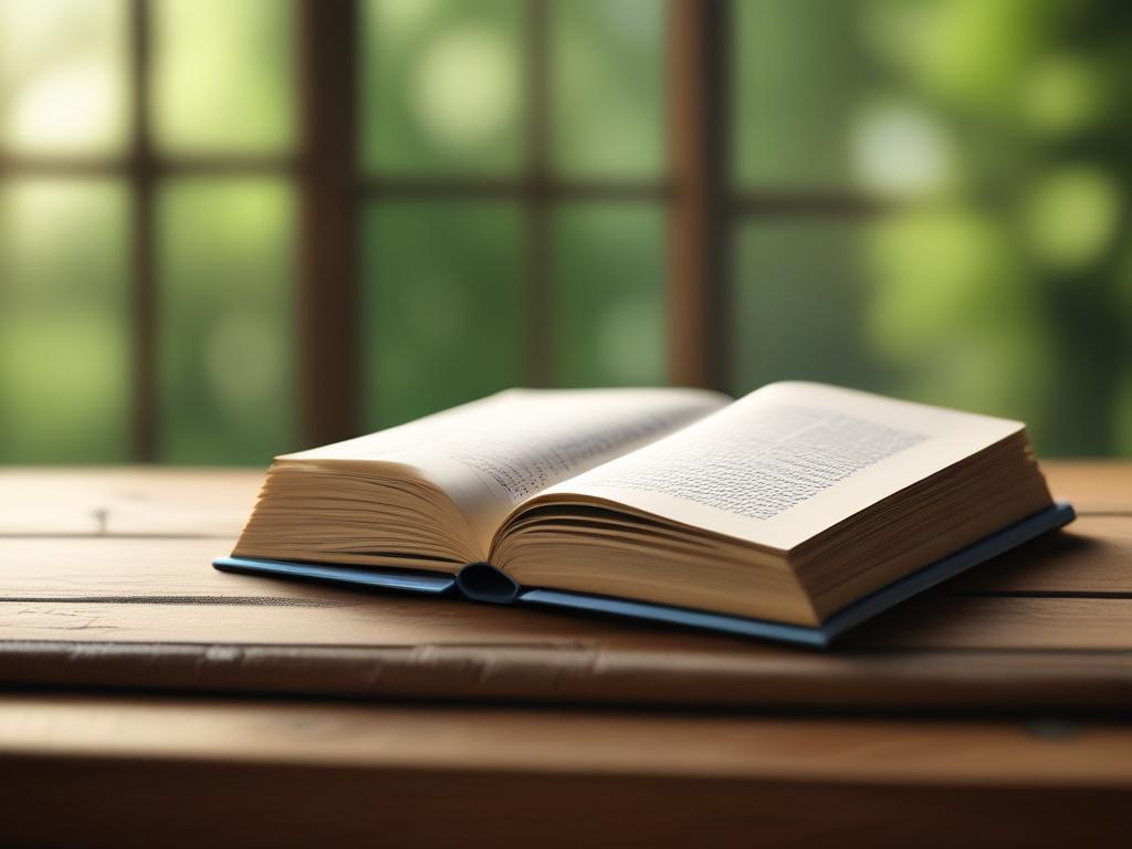 A realistic high-resolution photo of an open book on a wooden table, with a warm light illuminating the pages. The background features soft, blurred greenery to create a peaceful atmosphere, focusing on the book as the main subject.