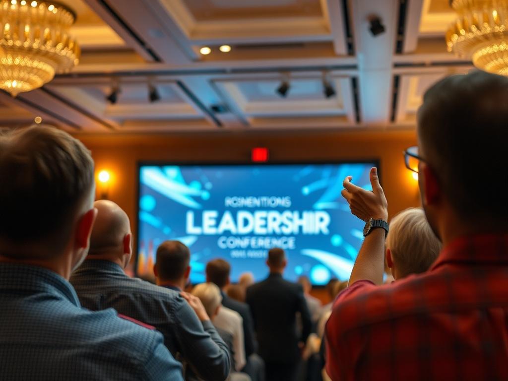 A captivating image of a speaker delivering a powerful keynote address at a leadership conference. The audience is engaged and attentive, with a focus on the speaker who exudes passion and authority. The backdrop features a large screen with inspiring visuals. The atmosphere is electric, filled with motivation and a sense of community among the attendees.