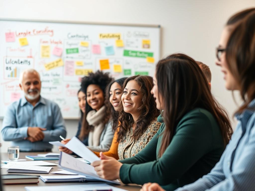 A close-up shot of a diverse group of people engaged in a leadership training session, with a dynamic and inspiring coach guiding them. The setting is bright and motivating, featuring a whiteboard filled with colorful ideas and notes. The participants are actively discussing and taking notes, showcasing collaboration and engagement. The overall atmosphere is positive and energetic, reflecting growth and transformation.