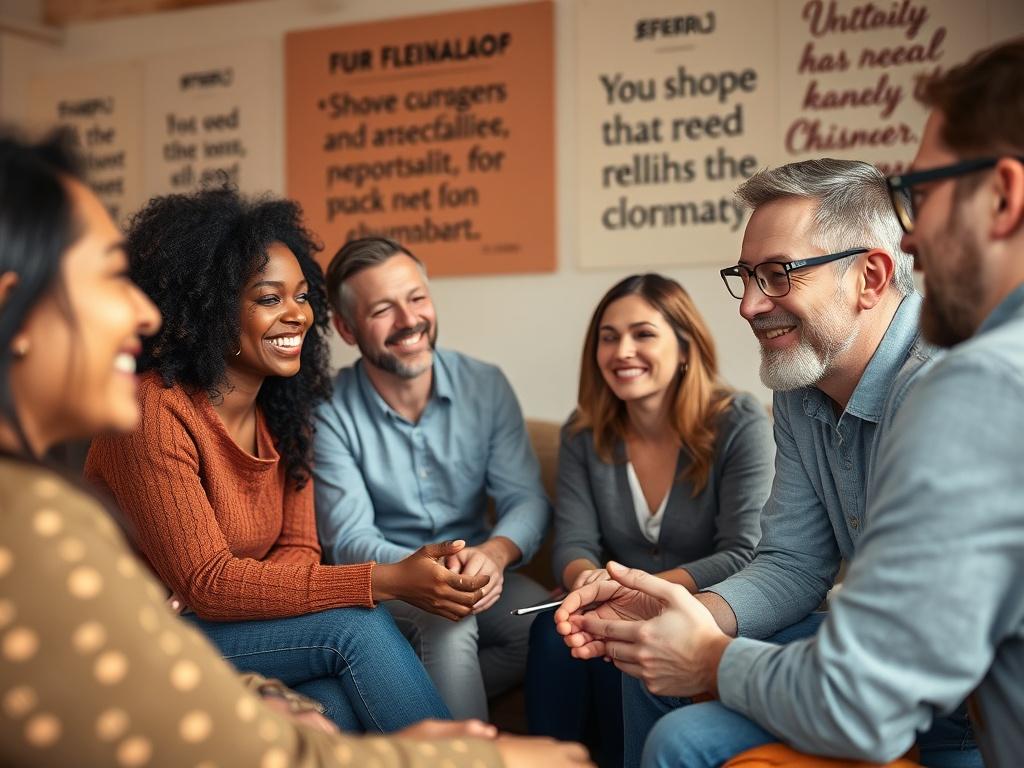 A vibrant image showcasing a group of individuals participating in a personal development workshop. They are engaged in various activities, such as sharing experiences and working on group exercises. The environment is warm and inviting, with motivational quotes on the walls and a cozy setup. The focus is on connection and personal growth, with participants smiling and actively engaging with each other.