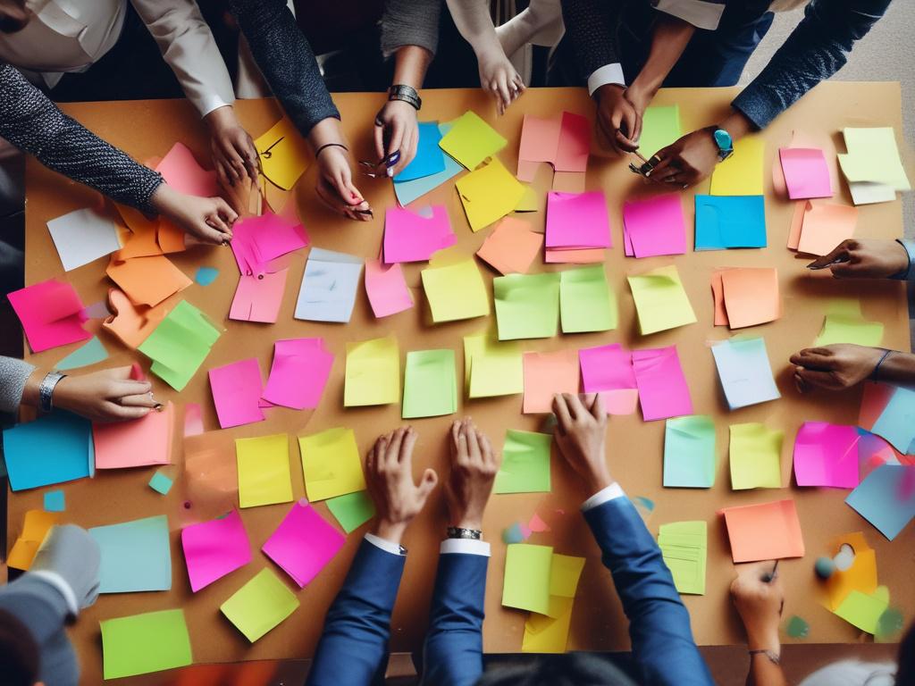 A vibrant image of a diverse group of individuals participating in a leadership workshop. They are engaged in a brainstorming session, surrounded by colorful post-it notes and flip charts. The atmosphere is energetic and collaborative, emphasizing teamwork and creativity.