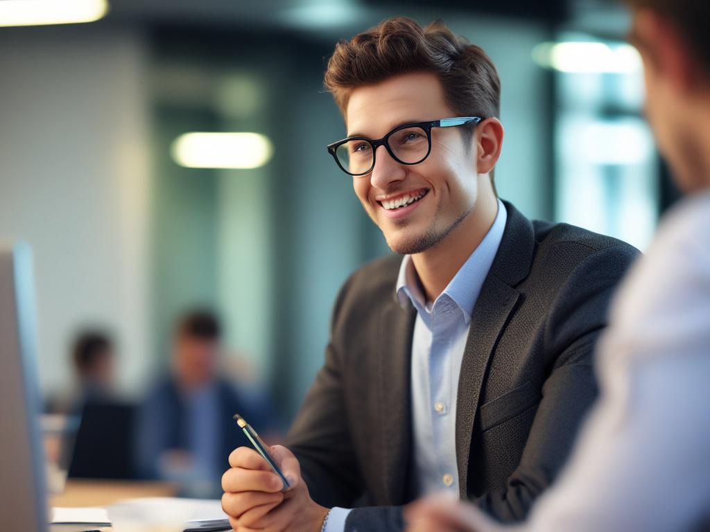A close-up shot of a confident individual in a coaching session, engaged in deep conversation with a coach. The background is a softly blurred modern office space, featuring warm lighting and motivational quotes on the wall. The individual is listening intently, showcasing expressions of curiosity and determination.
