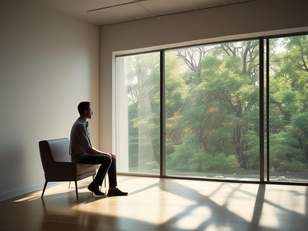 A serene image of an individual reflecting during a personal development consultation. The setting is a quiet, inviting room with natural light streaming in. The person appears thoughtful and engaged, with a notebook and pen in hand, ready to jot down insights.
