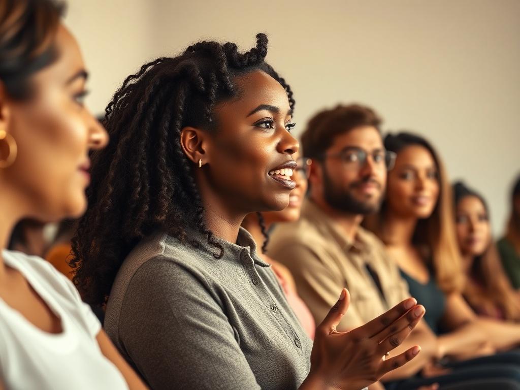 A realistic high-resolution photo of a diverse group of people engaged in a personal growth workshop. The image should focus on a close-up of a speaker passionately addressing the audience, with attendees listening intently. The background should be simple and clear, showcasing a warm and inviting atmosphere with soft lighting, emphasizing an environment of transformation and connection.