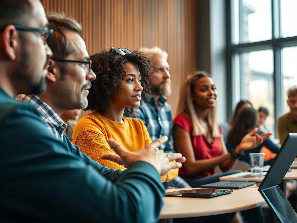 A close-up shot of a diverse group of people in a workshop setting, actively engaging and discussing ideas. The atmosphere is vibrant and collaborative, with a focus on teamwork and leadership development, shot with a 45mm f/1.2 lens.